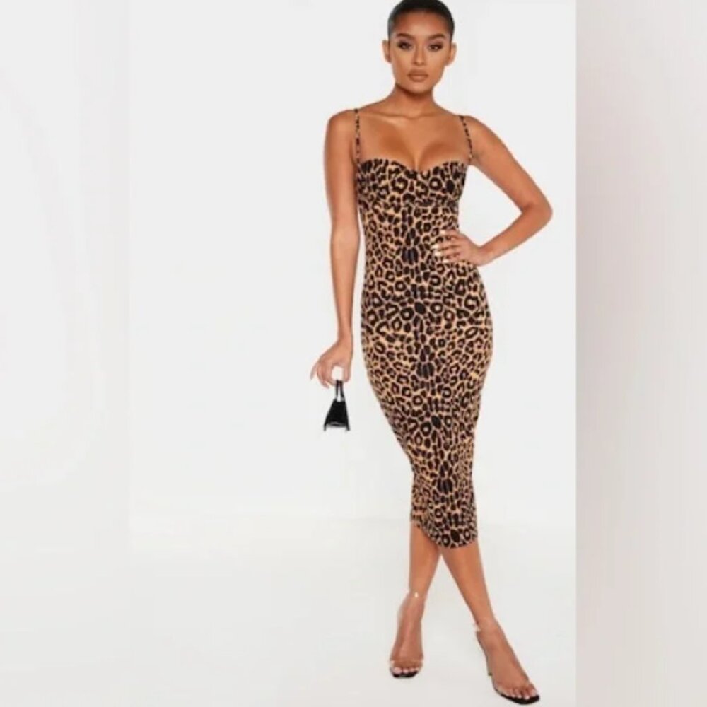 Pretty Little Thing Leopard Print Strappy Cup Detail Midi Dress